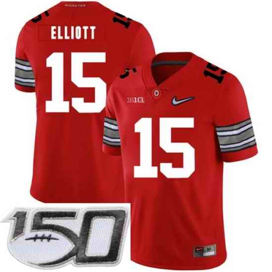 Ohio State Buckeyes 15 Ezekiel Elliott Red Diamond Nike Logo College Football Stitched 150th Anniversary Patch Jersey